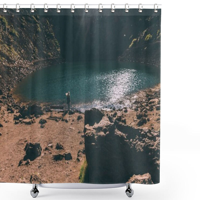 Personality  Back View Of Young Woman Looking At Beautiful Scenic Crater Lake In Iceland Shower Curtains