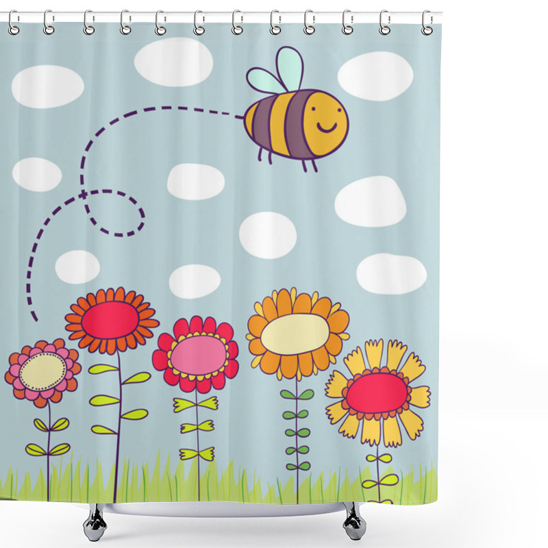 Personality  Cartoon Bee Flying Over Flowers Shower Curtains