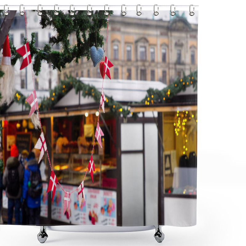 Personality  Danish Small Flags Hanging From As Ornament In A Christmas Market Stall In Copenhagen, Denmark  Shower Curtains