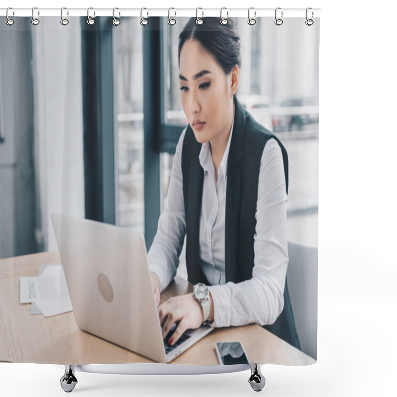 Personality  Beautiful Focused Kazakh Businesswoman Woking With Laptop In Office Shower Curtains