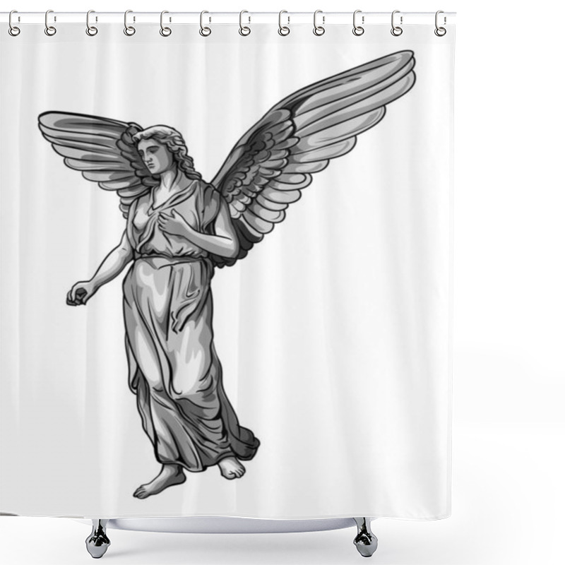 Personality  Standing Prying Praying Angel Sculpture With Wings. Monochrome Illustration Of The Statue Of An Angel. Isolated. Vector Illustration. Shower Curtains