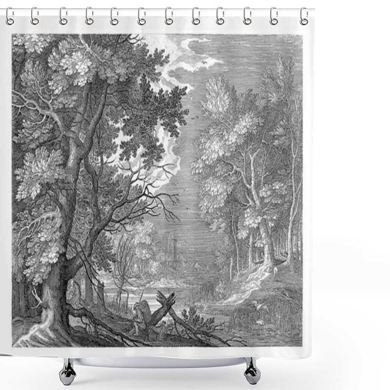 Personality  A River Flows Through A Forest. In The Foreground Sits A Man With A Basket On His Back; Next To Him Is A Dog. The Last Print In A Six-part Series With Landscapes From Tyrol. Shower Curtains