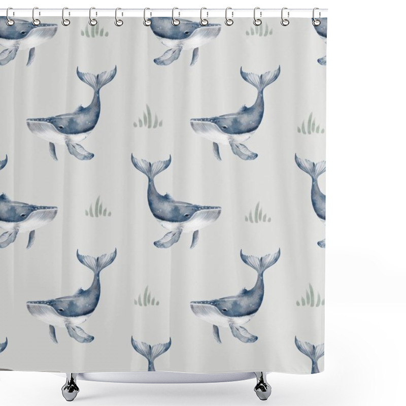 Personality  This Design Showcases A Charming Repeating Pattern Of Whales Swimming Among Soft Green Accents, Perfect For Fabric. Shower Curtains