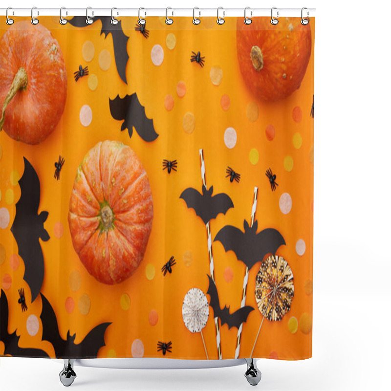 Personality  Top View Of Pumpkin, Bats And Spiders With Confetti On Orange Background, Halloween Decoration Shower Curtains