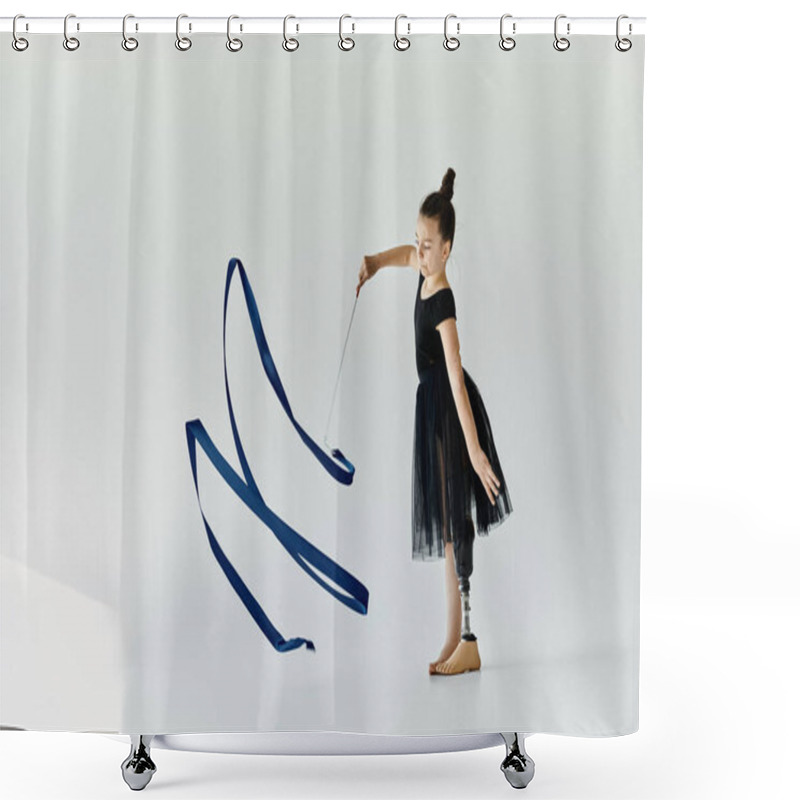 Personality  A Young Girl With A Prosthetic Leg Practices Rhythmic Gymnastics, Skillfully Manipulating A Blue Ribbon. Shower Curtains