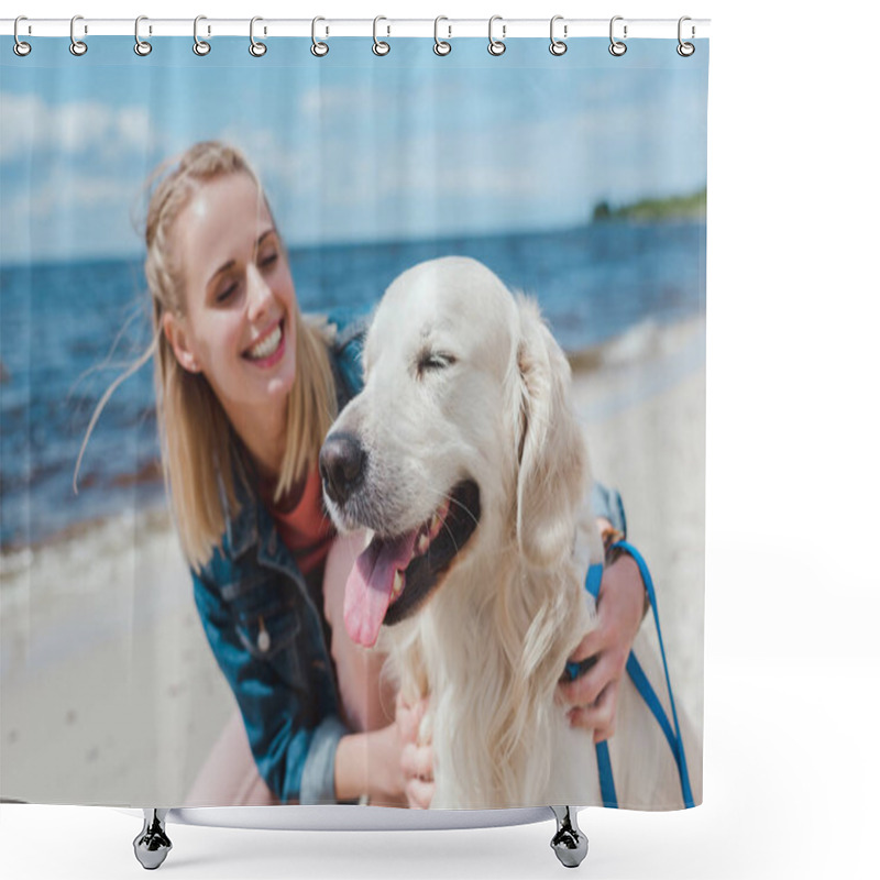 Personality  Happy Attractive Woman Sitting With Golden Retriever Dog On Sea Shore Shower Curtains