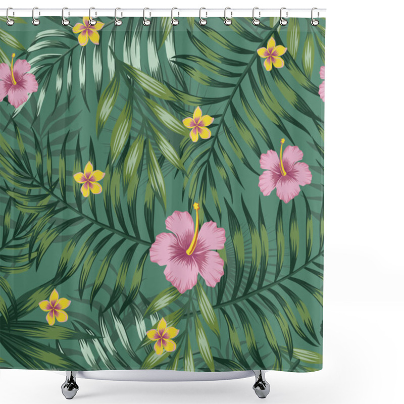 Personality  Green Tropical Seamless Pattern Leaves And Flowers Hibiscus Plumeria. Beach Vector Illustration. Hawaiian Background Shower Curtains