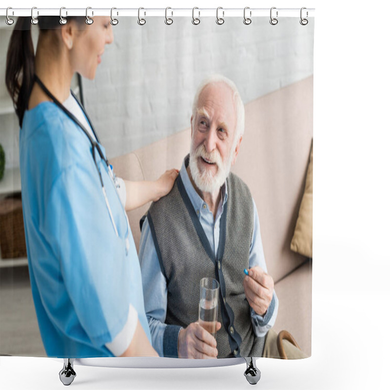 Personality  High Angle View Of Nurse Putting Hands On Happy Gray Haired Man With Pill Shower Curtains