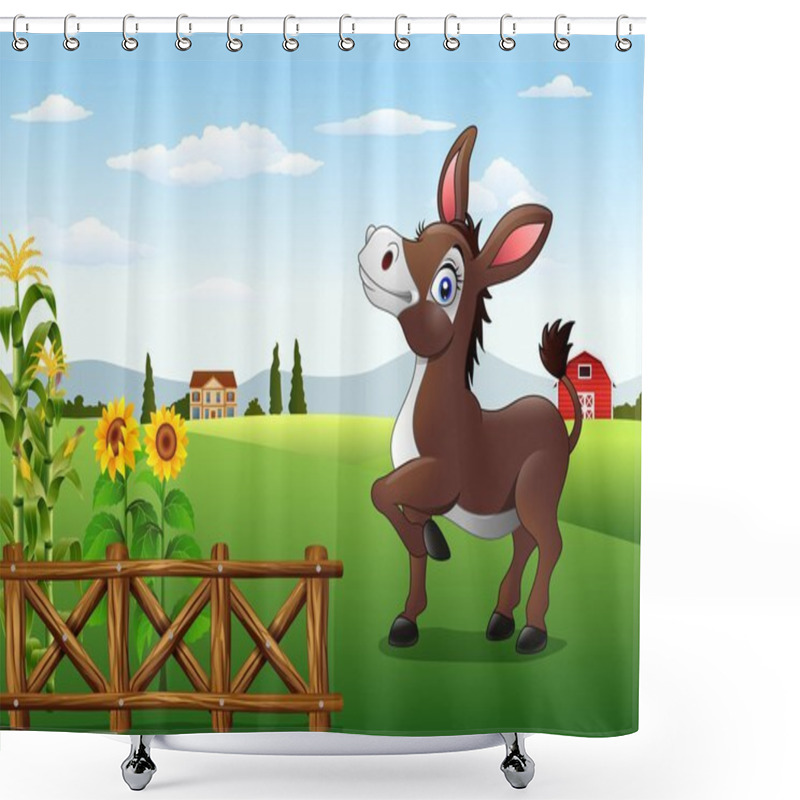 Personality  Cartoon Happy Donkey With Farm Background Shower Curtains