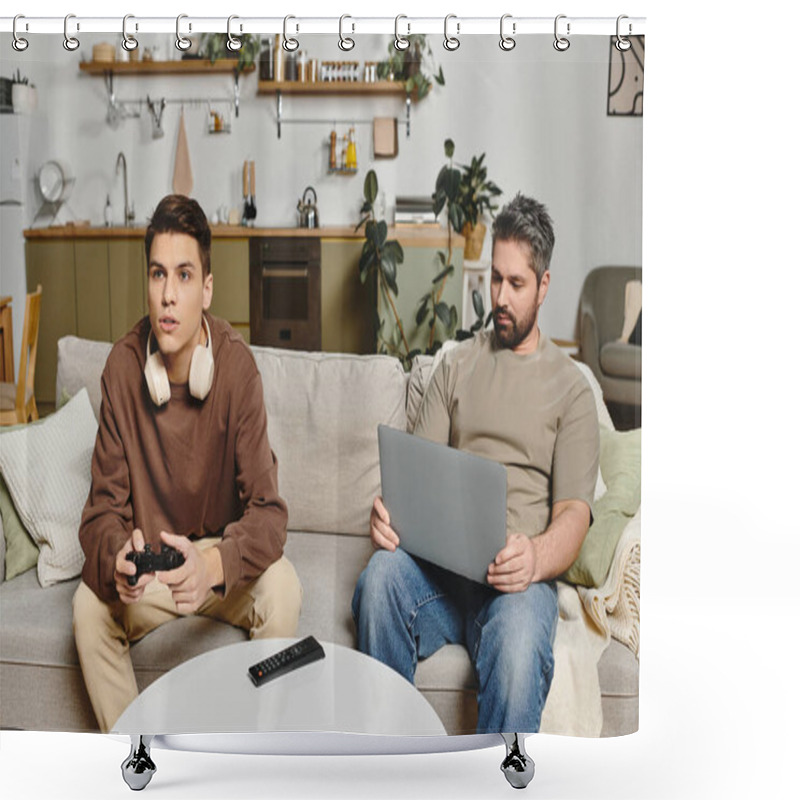 Personality  A Young Man Games With Headphones While Another Relaxes With A Laptop In A Cozy Setting. Shower Curtains