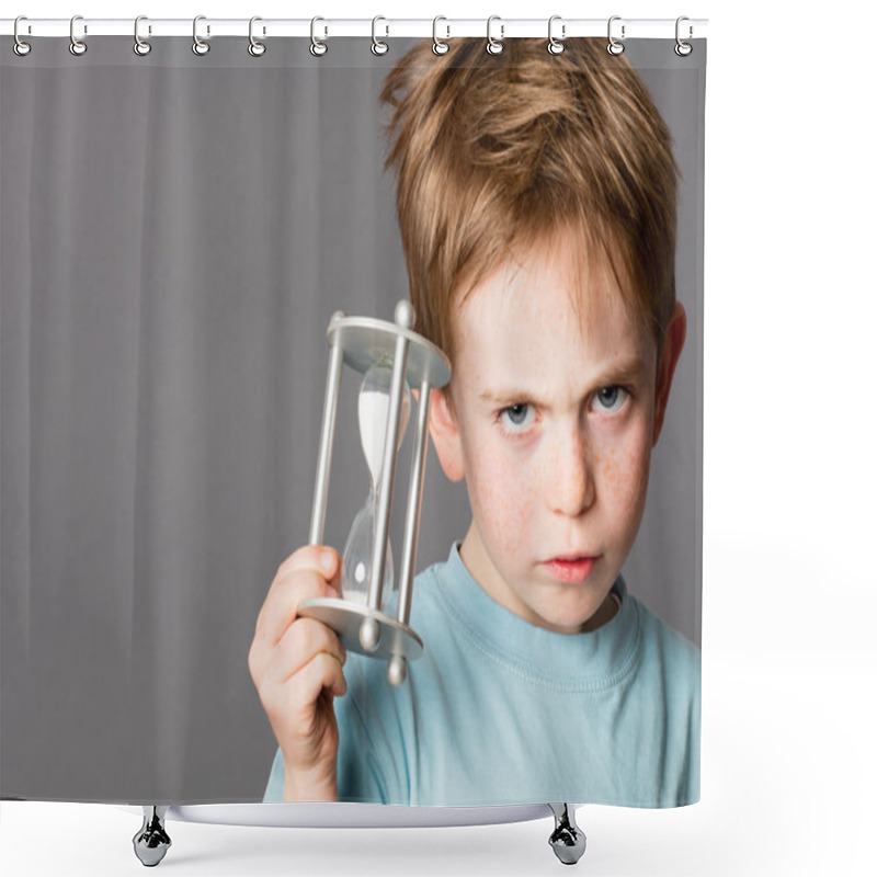 Personality  Unhappy Little Boy With An Egg Timer For Time Concept Shower Curtains