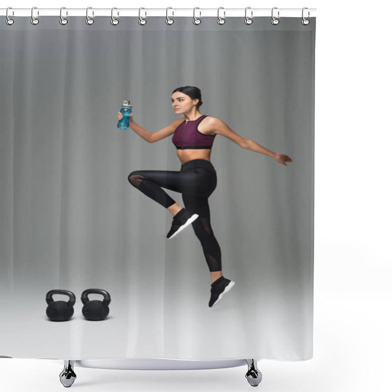 Personality  Young Woman With Sports Bottle Training Near Kettlebells On Grey Background Shower Curtains