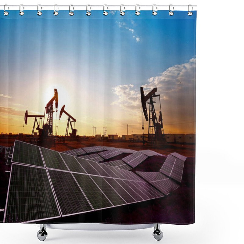 Personality  Oil Pump With Solar Panels, Industrial Equipment Shower Curtains