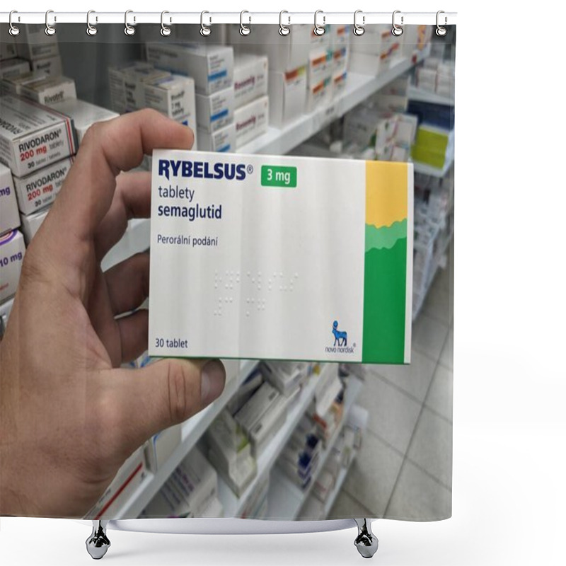 Personality  Prague, Czech Republic - July 10 2024: RYBELSUS Box Of Medication With SEMAGLUTIDE Active Substance By NOVO NORDISK, Used For Treatment Of Type 2 Diabetes And Blood Sugar Control. Shower Curtains