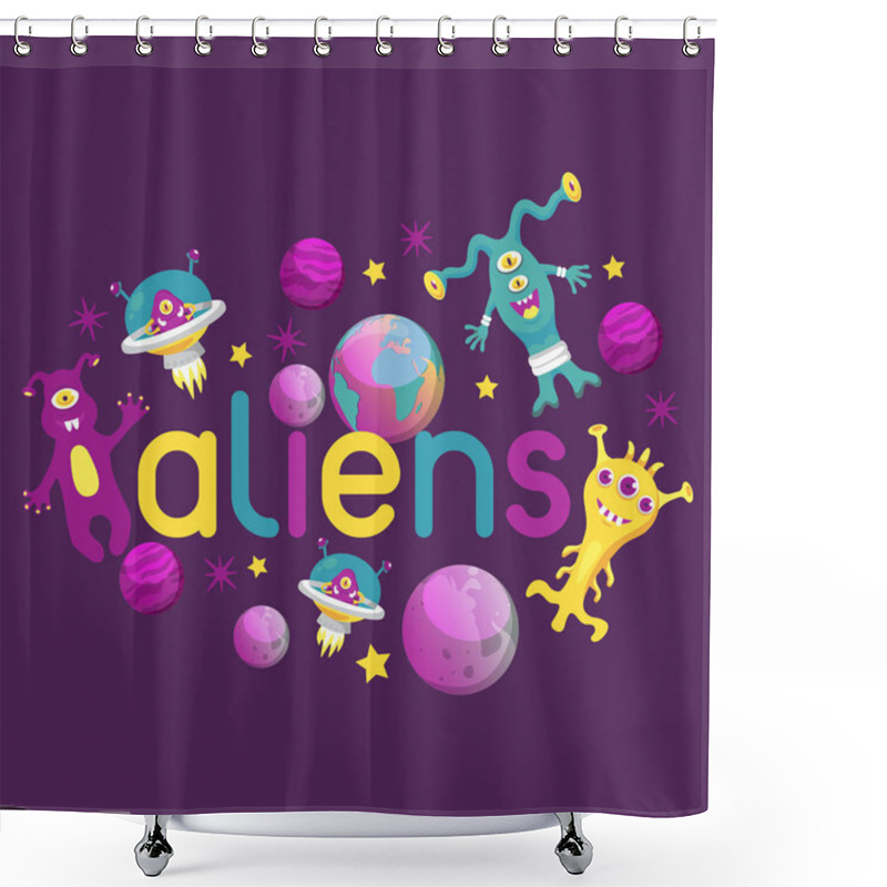 Personality  Monster Alien Poster, Banner Vector Illustration. Cartoon Monstrous Character, Cute Alienated Creature Or Funny Gremlin On Halloween For Kids. Spacecraft In Cosmos Among Stars. Shower Curtains