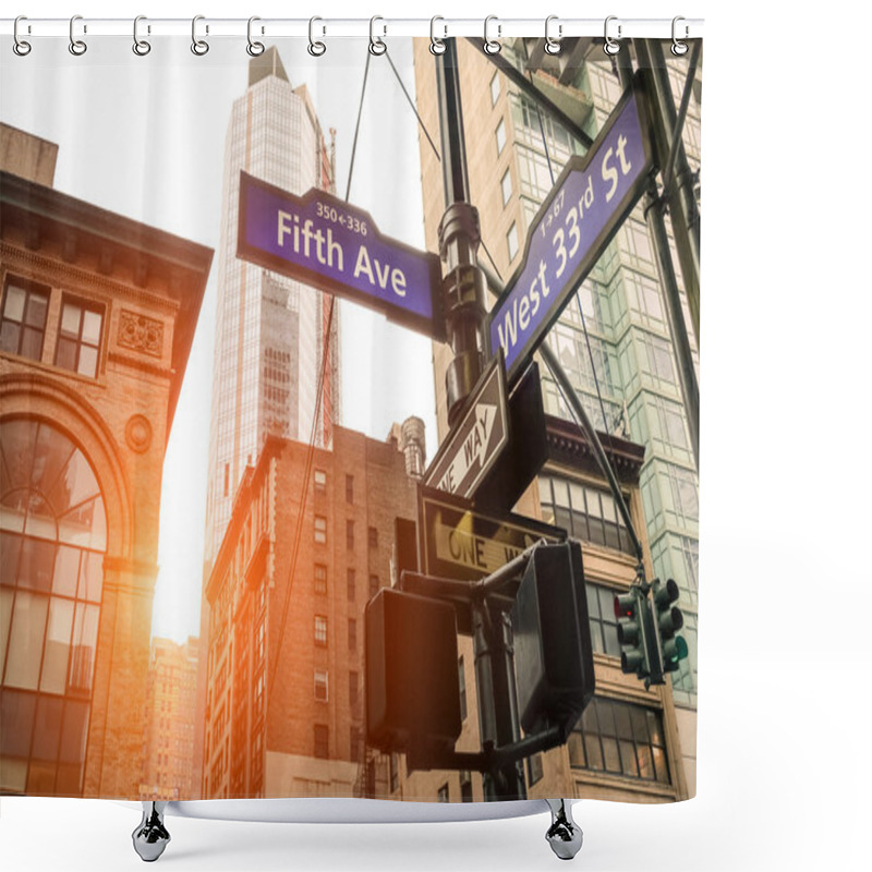 Personality  Street Sign Of Fifth Ave And West 33rd St At Sunset In New York City - Urban Concept And Road Direction In Manhattan Downtown - American World Famous Capital Destination On Warm Dramatic Filtered Look Shower Curtains