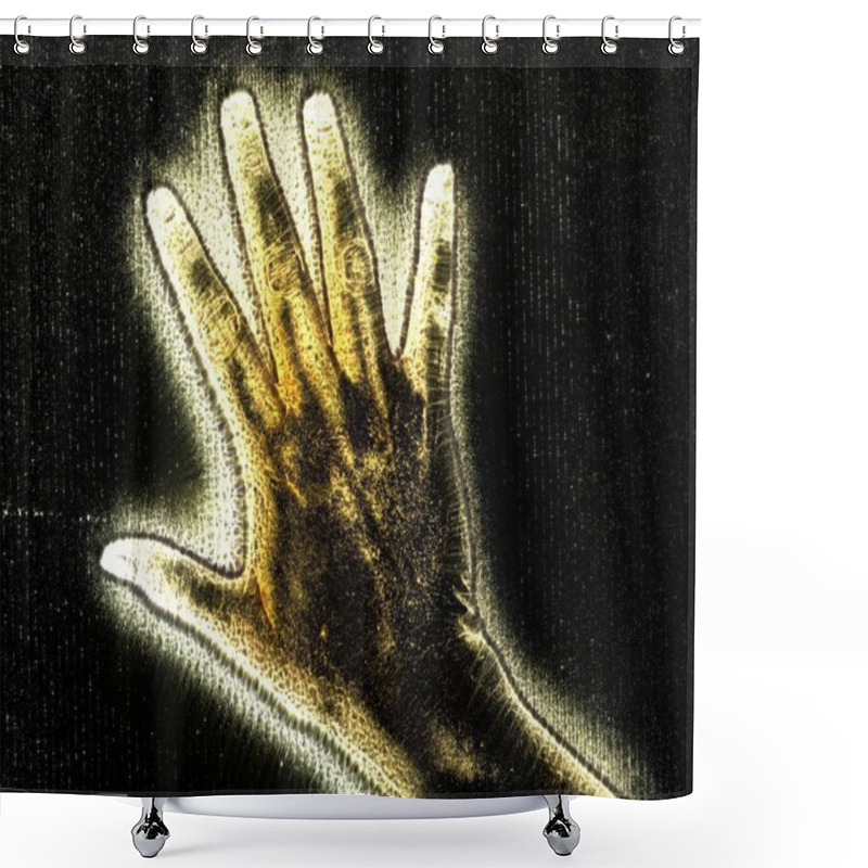 Personality  3D-Illustration Of A Glowing Human Female Hand With A Yellow Kirlian Aura Showing Different Symbols Shower Curtains