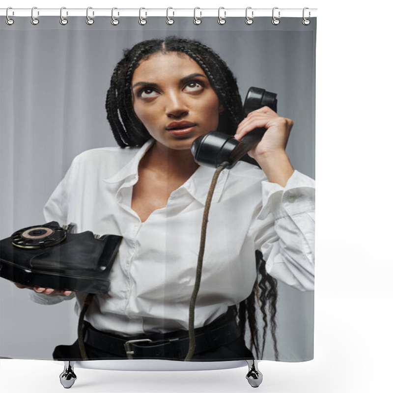 Personality  A Young Black Woman With Long Braids, Wearing A White Button-down Shirt And Black Pants, Speaks On An Old-fashioned Rotary Phone. Shower Curtains