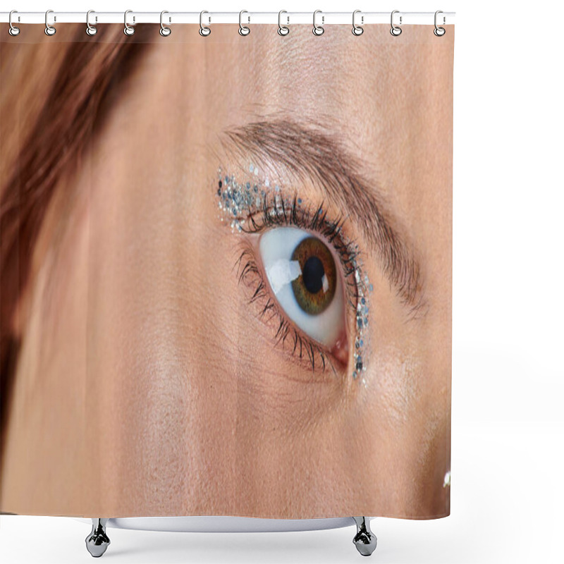 Personality  Close Up View Of Young Woman With Holiday Makeup, Female Eye With Shimmery Eye Shadow Looking Away Shower Curtains