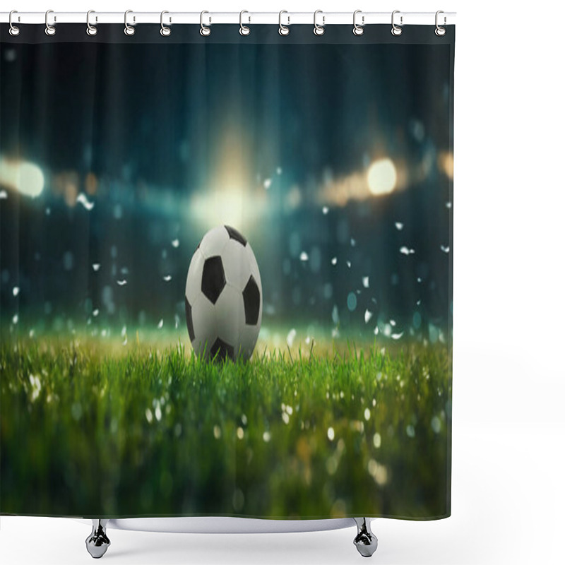 Personality  Ball On The Green Field In Soccer Stadium. Ready For Game In The Midfield - Soccer Ball Close-up. Shower Curtains