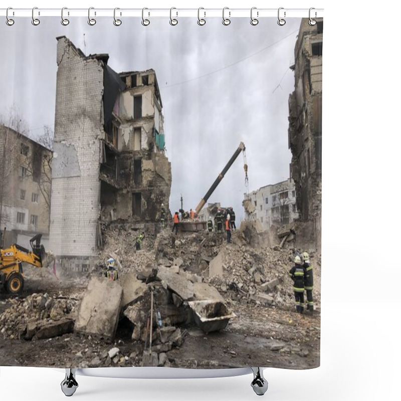 Personality  Borodyanka, Kyiv Region, Ukraine. April 08, 2022: Destroyed Building After Russian Occupation  Shower Curtains