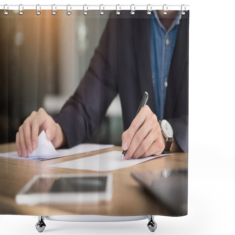 Personality  Businessman Writing In A Document. Focus On The Tip Of The Pen Shower Curtains