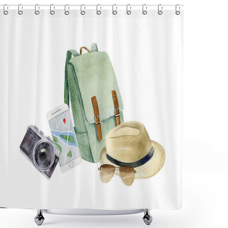 Personality  Cliparts Of Traveler's Accessories Vacation Items Paited In Wate Shower Curtains