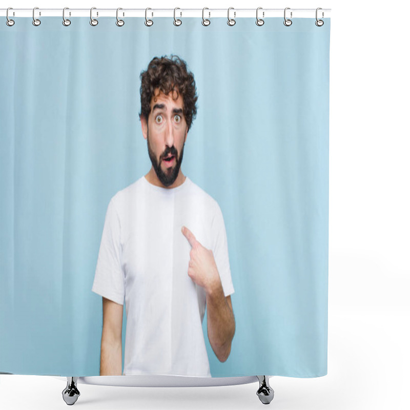 Personality  Young Crazy Bearded Man Looking Shocked And Surprised With Mouth Wide Open, Pointing To Self Against Flat Wall Shower Curtains