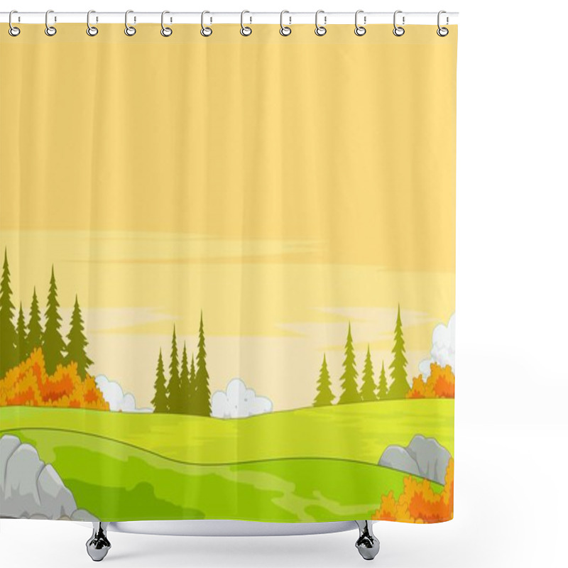 Personality  Tropical Landscape Grass Field Hill With Trees Cartoon Vector Illustration Shower Curtains