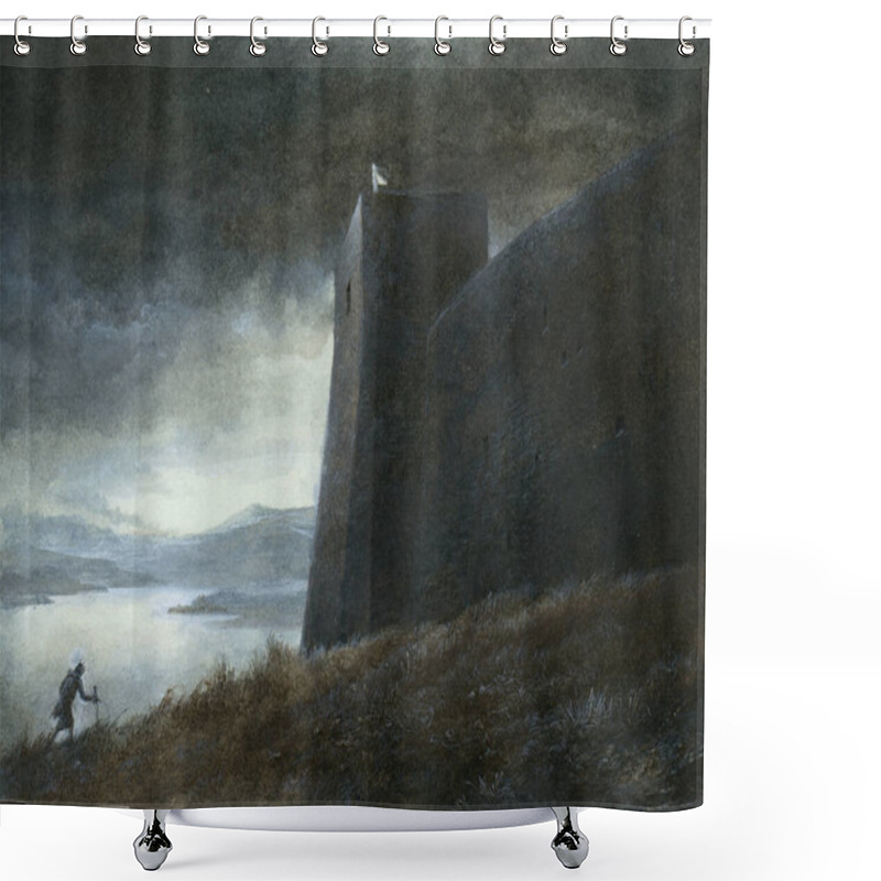 Personality  Moody Landscape With A Fantasy, Medieval-like Scene, Acrylic On Paper. Shower Curtains