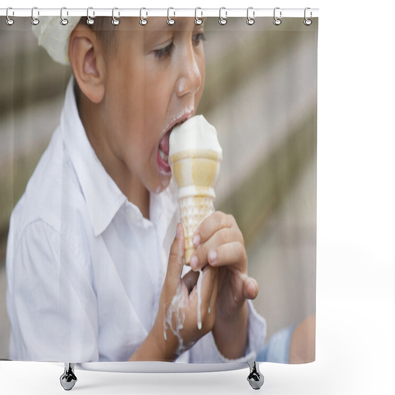 Personality  Cute Boy On The Street Shower Curtains