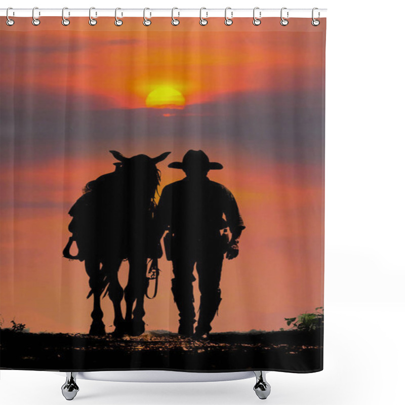 Personality  The Silhouette Of The Cowboy And The Setting Sunset Shower Curtains