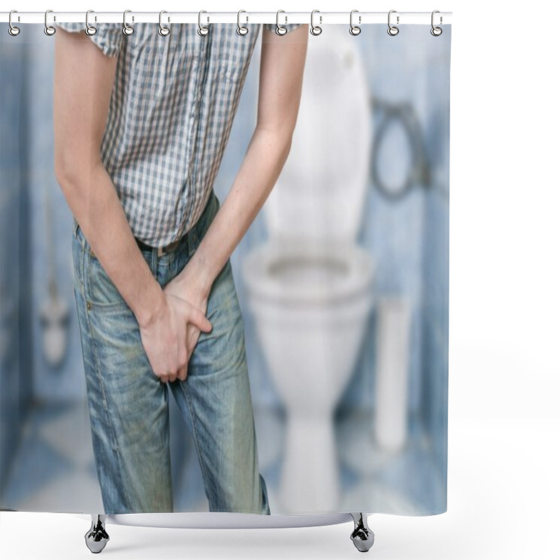 Personality  Man With Prostate Problem In Front Of Toilet Bowl. Incontinence  Shower Curtains