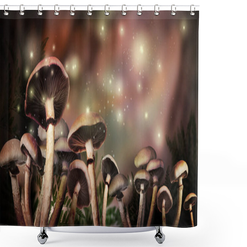 Personality  Fantasy World. Mushrooms With Magic Lights In Enchanted Forest, Banner Design  Shower Curtains