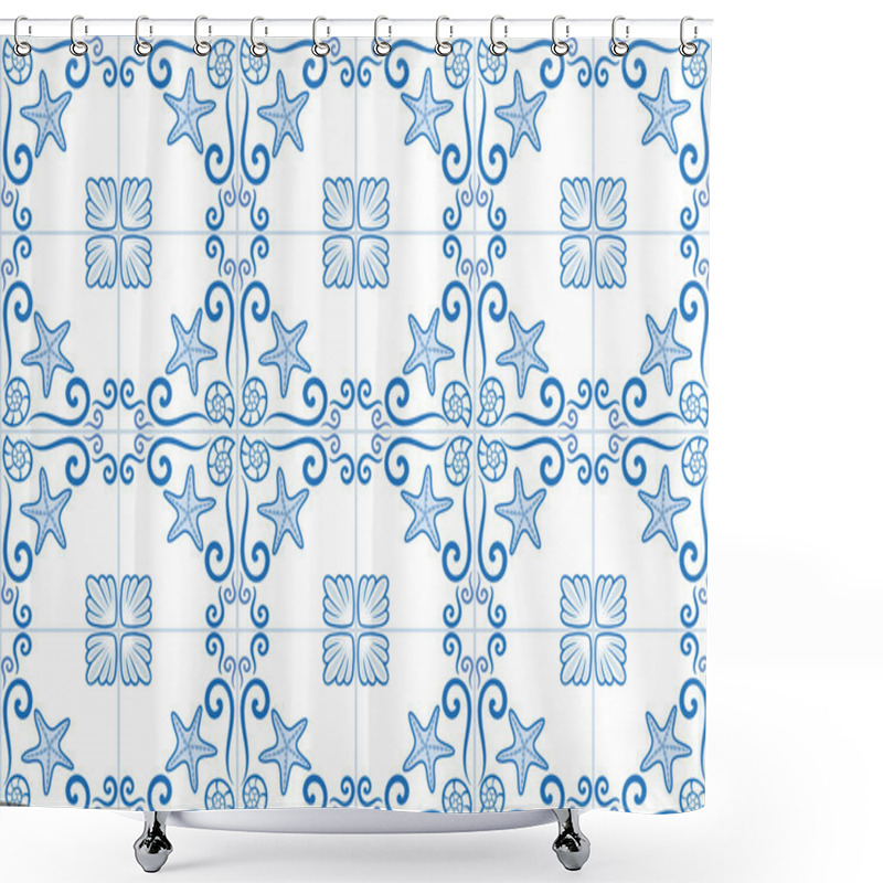 Personality  Ornate Azulejo Styled Tiles With Seaside Theme. Starfish And Shells. Marine Theme In Bleu Color. Vector Illustration. Portuguese And Brazilian Tiles. Shower Curtains