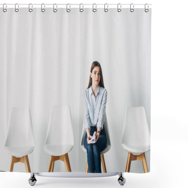 Personality  Attractive Young Woman Holding Resume And Looking At Camera In Office  Shower Curtains