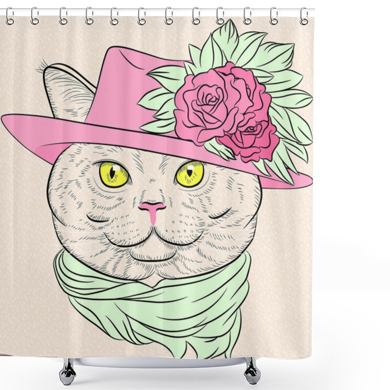 Personality  Vector Closeup Portrait Of The British Cat Hipster Lady Shower Curtains