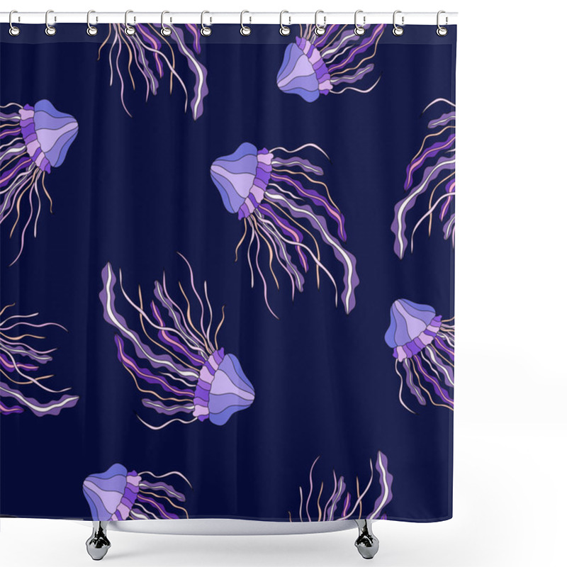 Personality  Light Purple Jellyfishes On Violet Background. Seamless Hand Drawn Underwater Fauna Pattern. Shower Curtains