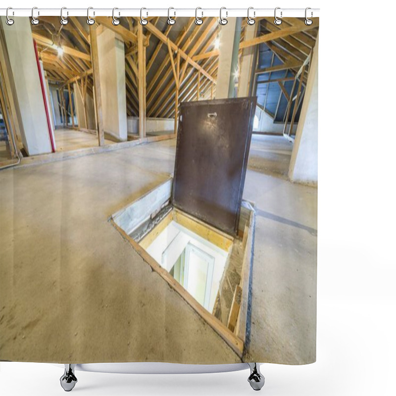 Personality  Attic Of A Building With Wooden Beams Of A Roof Structure And A  Shower Curtains