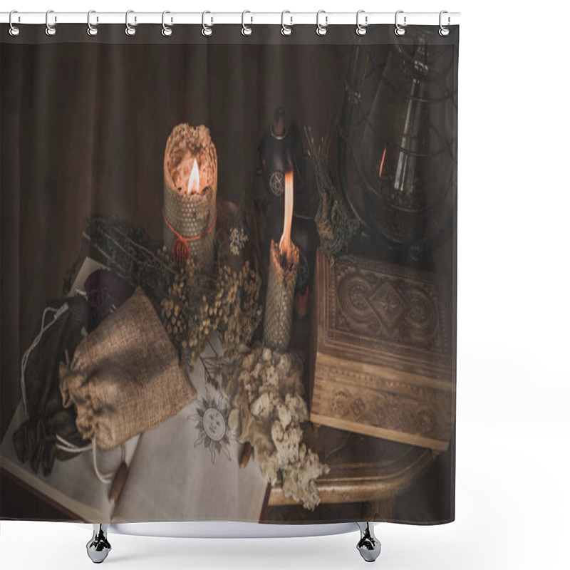 Personality  Magical Attribute On A Table, Witchcraft Concept, Candle Fire, Spells And Other Rituals Shower Curtains