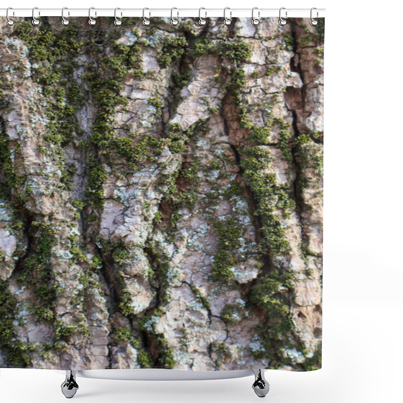 Personality  Detailed Texture Of Tree Bark Covered In Green Moss And Lichen, Showcasing Natural Patterns And Earthy Tones Shower Curtains