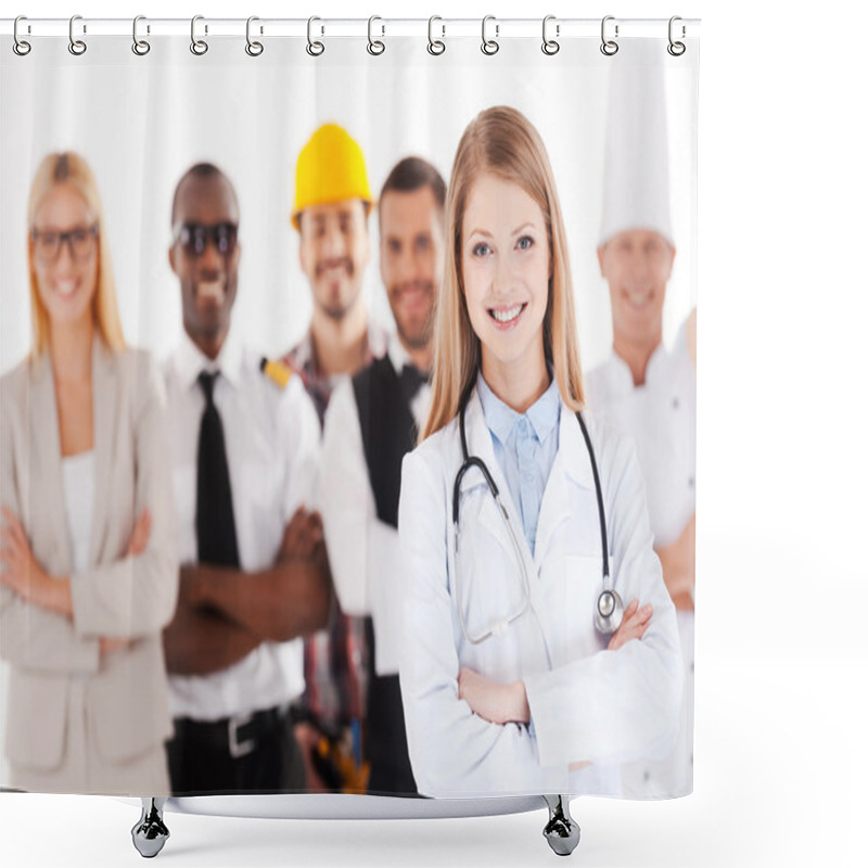 Personality  When I Grow Up I Will Be A Doctor. Beautiful Young Female Doctor Keeping Arms Crossed And Smiling While Group Of People In Different Professions Standing In The Background Shower Curtains