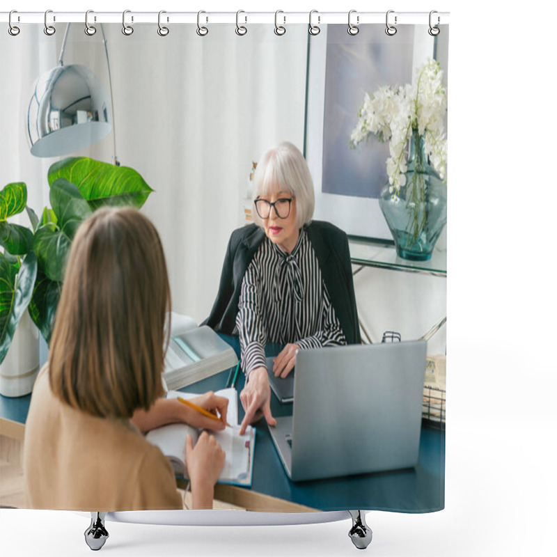 Personality  Senior Stylish Woman With Young Woman Discussing Work Tasks In Office. Business, Communication, Work, Ages, Collaboration, Mentoring Concept Shower Curtains