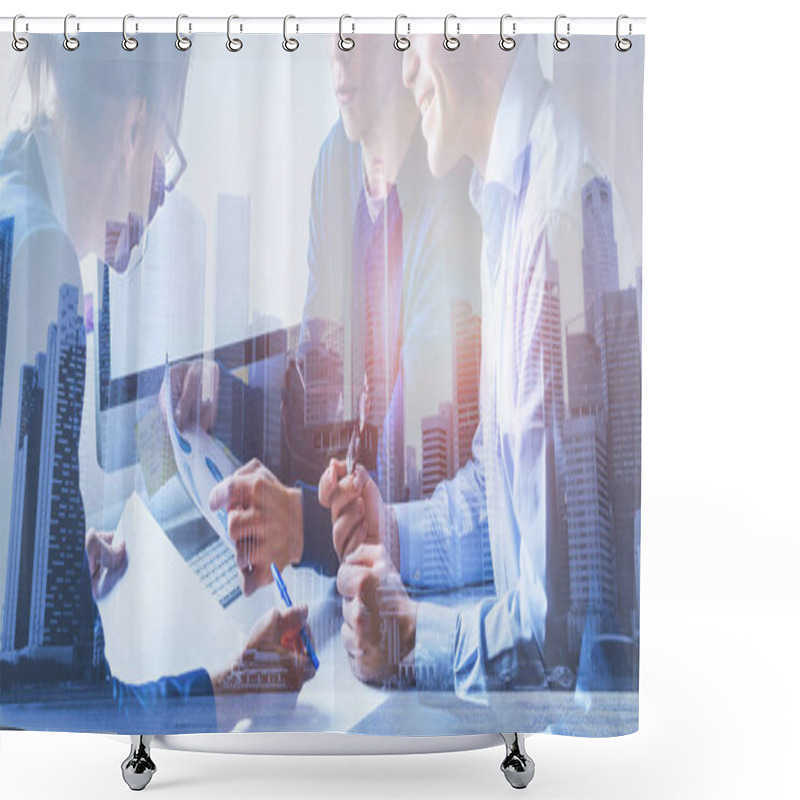 Personality  Business People Working On Marketing Plan  Together In Modern Office, Teamwork, Double Exposure Banner Shower Curtains