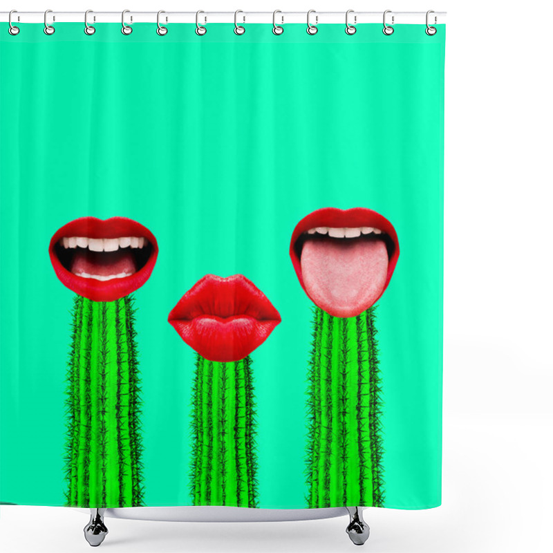 Personality  Contemporary Art Collage. Set Of Cactus And Red Lips. Emotions.  Shower Curtains