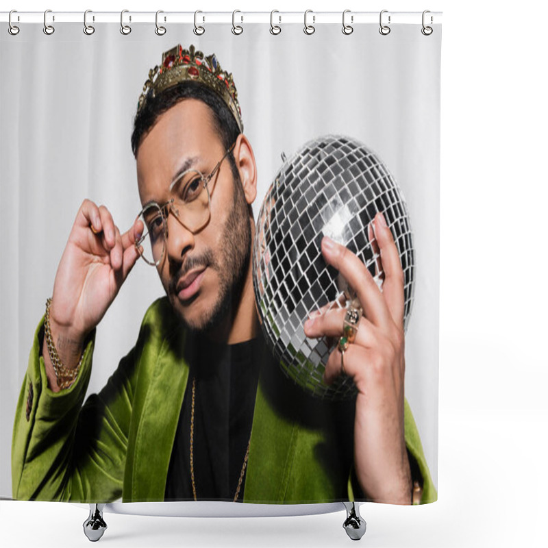 Personality  Eastern Hip Hop Performer In Green Velvet Blazer And Crown Holding Disco Ball While Adjusting Eyeglasses Isolated On Grey Shower Curtains