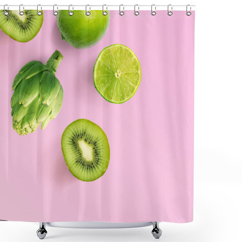 Personality  Composition Of Freshly Cut Kiwis, Lime And Artichoke Shower Curtains