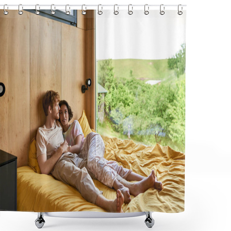 Personality  Redhead Man Lying On Bed With Cheerful Asian Girlfriend At Looking At Window With Natural View Shower Curtains