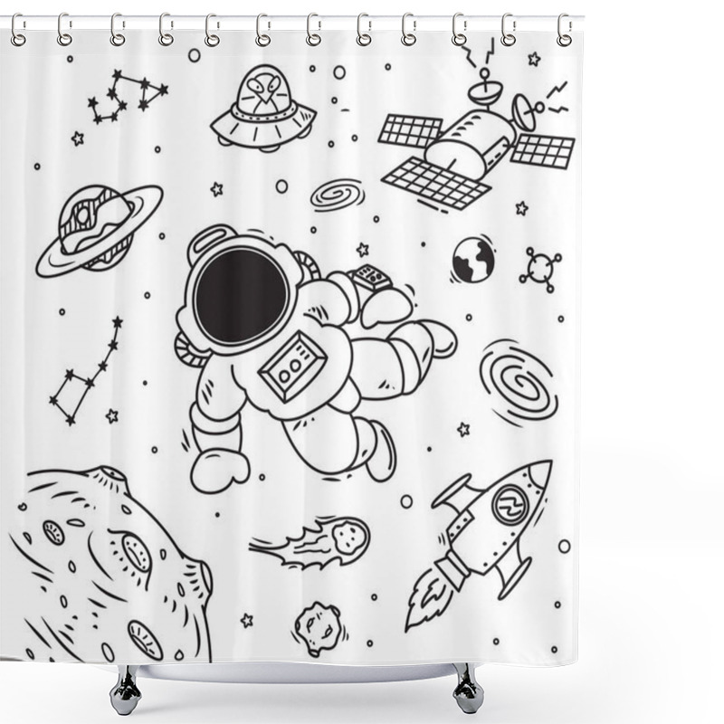 Personality  Space Theme Doodle With Cosmonaut Shower Curtains