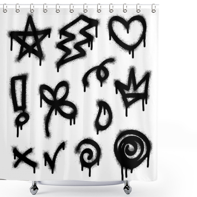 Personality  Graffiti Drawing Symbols Set. Painted Graffiti Spray Pattern Of Question Mark, Arrow, Crown, Star, Fence And Hand Hitting. Spray Paint Elements. Street Art Style Illustration. Vector. Shower Curtains